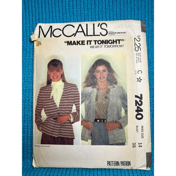 McCalls 7240 Sewing pattern jacket blazer 1970s size 14 - Picture 1 of 6